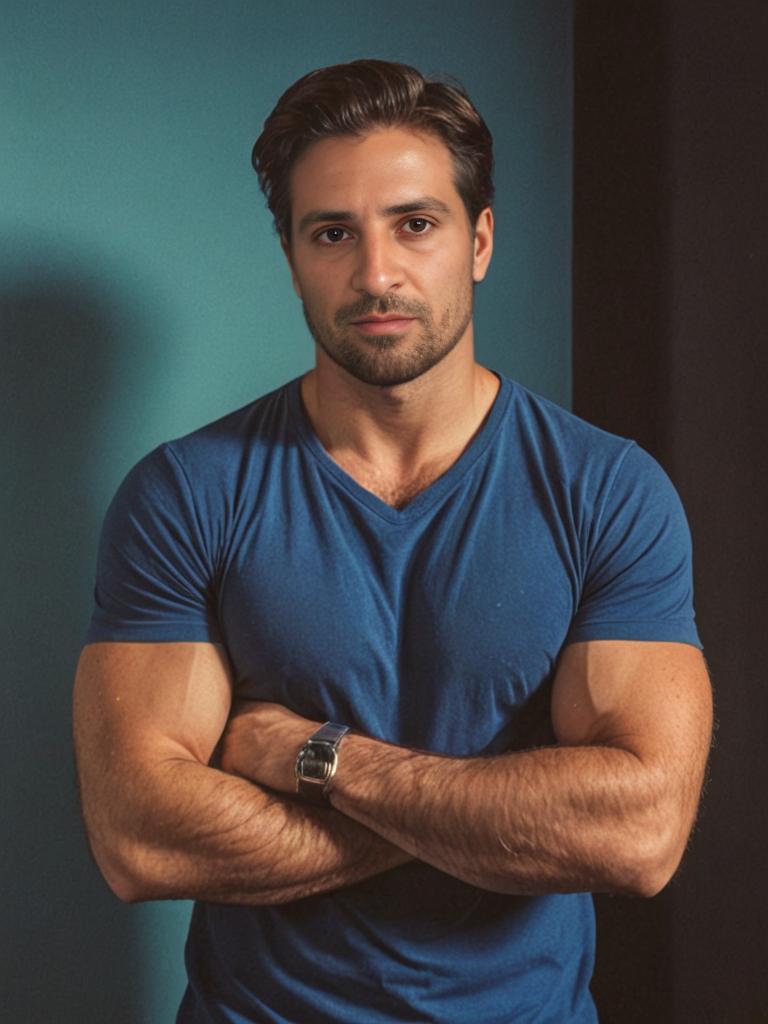 Confident Man in Blue T-Shirt Against Dramatic Teal Backdrop