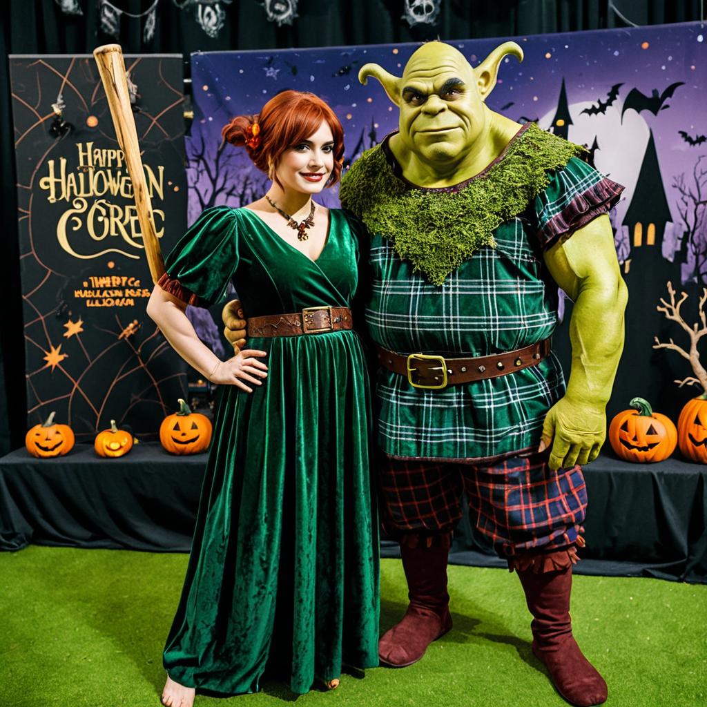 Medieval Couple in Green Costume at Halloween Event