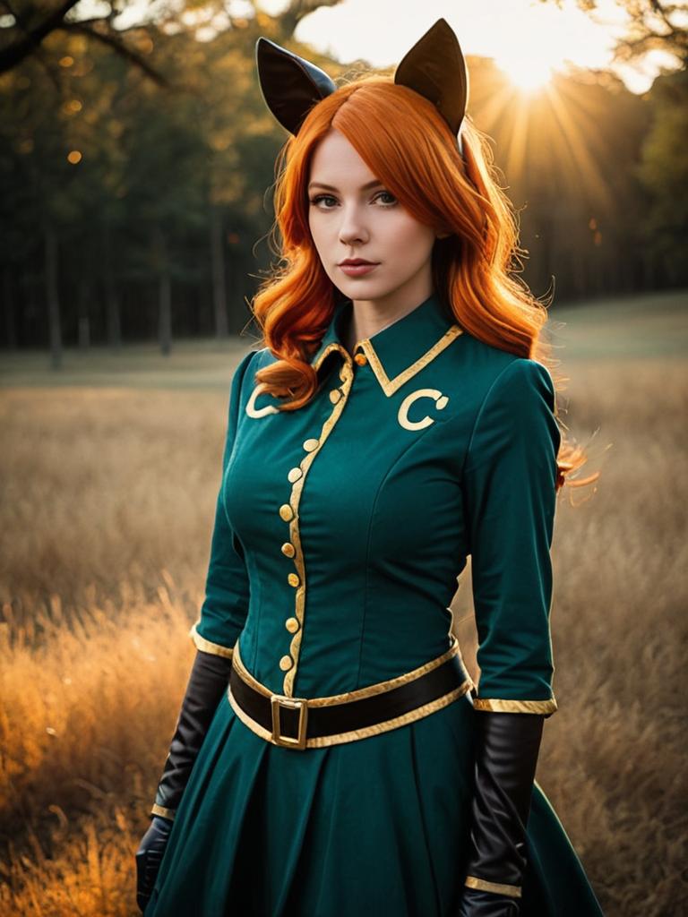 Sexy Cat Cosplay Woman in Dark Teal Costume with Cat Ears