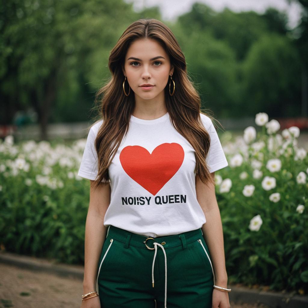 Confident Young Woman in Garden with 'NOISY QUEEN' T-Shirt