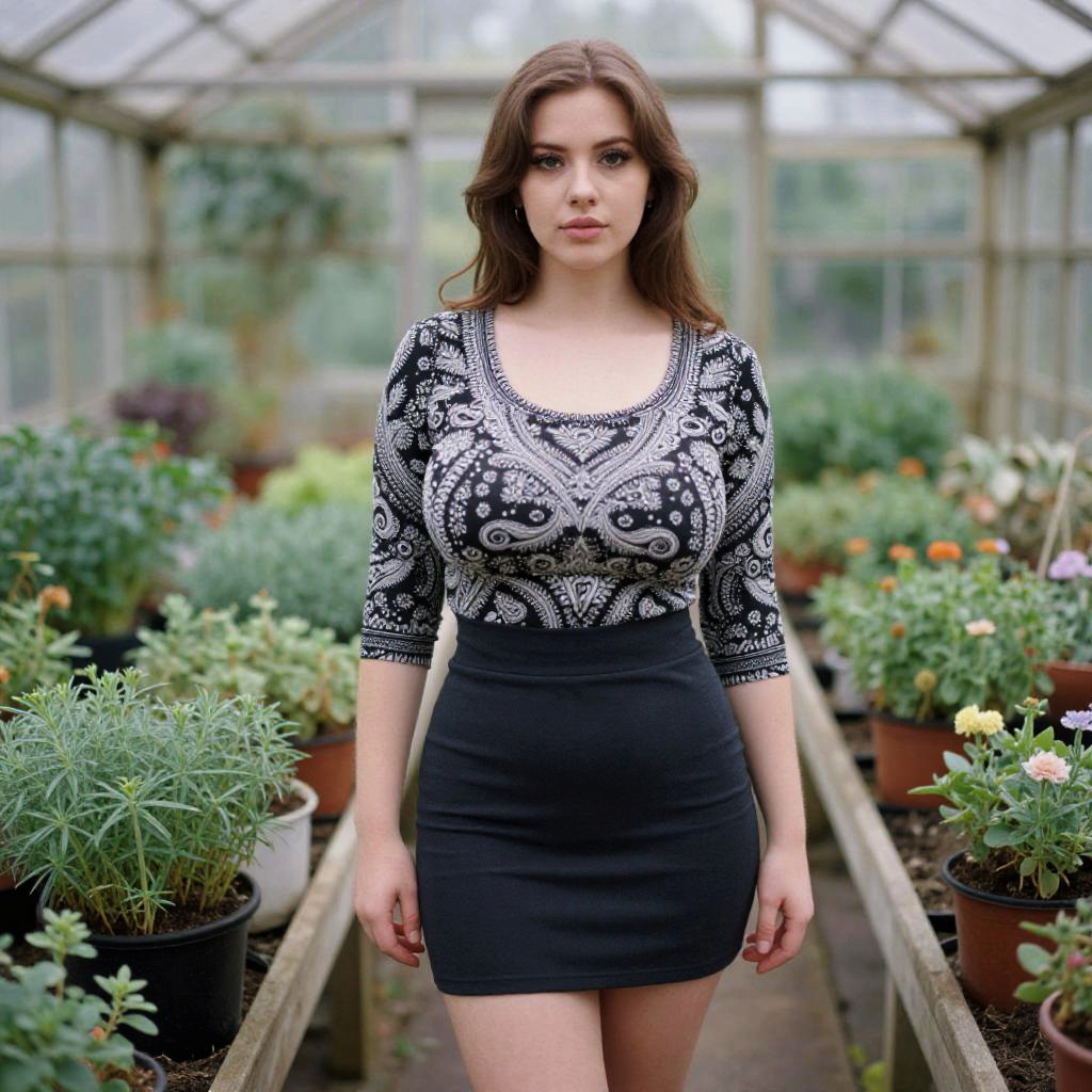 Curvy Woman in Black and White Paisley Top and Black Skirt in Greenhouse
