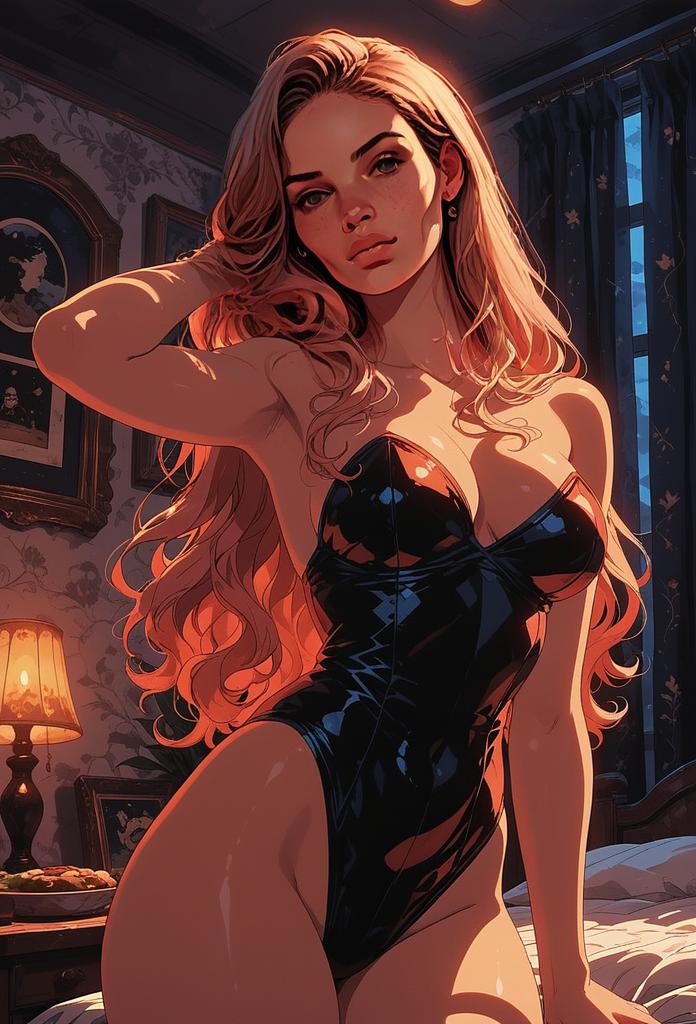 Stylish Digital Artwork of Woman in Black Bodysuit in Vintage Bedroom