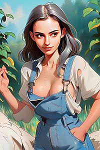 Anime Style Portrait of Young Woman in Denim Overalls Outdoors