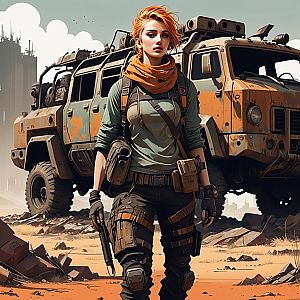 Confident Woman in Tactical Gear in Post-Apocalyptic Desert