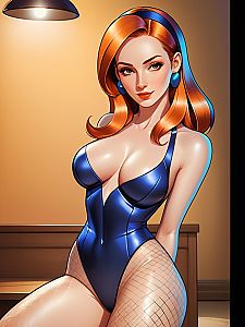 Stylish Red-Haired Woman in Blue Bodysuit Digital Artwork