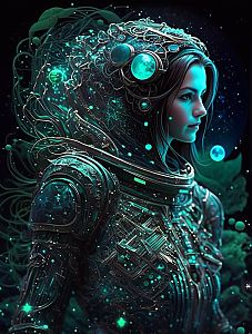 Futuristic Woman in Bioluminescent Space Suit