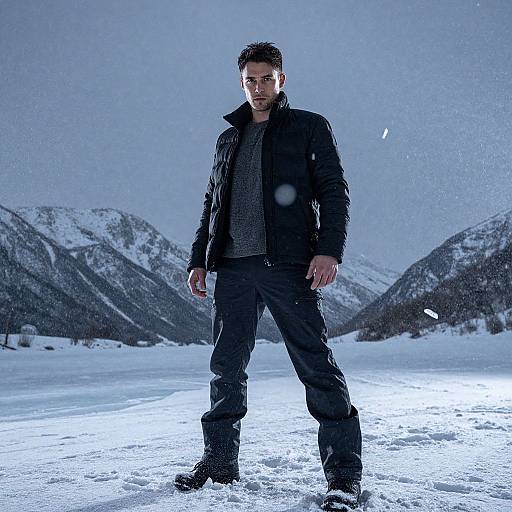 Man Standing in Snowy Mountain Landscape in Winter Clothing
