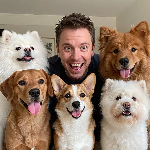 Happy Man Posing with Five Diverse Dog Breeds Indoors