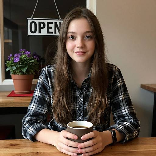 Young Woman Enjoying Coffee in Cozy Café with Open Sign
