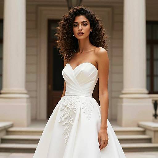 Elegant Strapless White Wedding Dress with Floral Embroidery and Curly Haired Woman