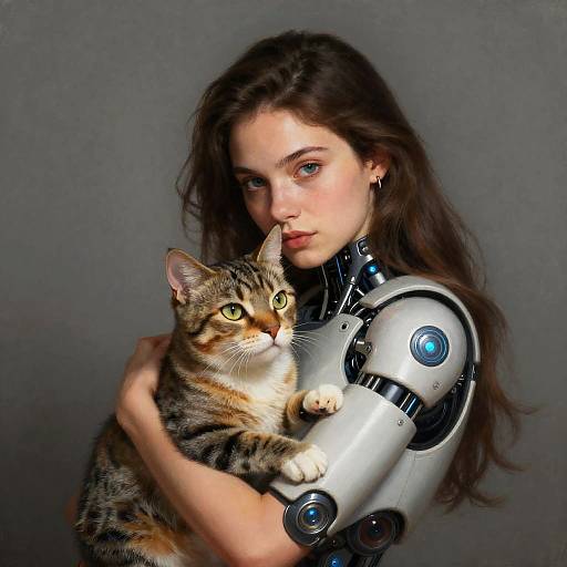 Young Woman with Robot Arm Holding Tabby Cat in Futuristic Style