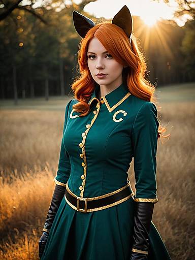 Sexy Cat Cosplay Woman in Dark Teal Costume with Cat Ears