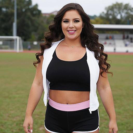 Confident Woman in Sporty Outfit on Outdoor Field with White Vest and Black Crop Top