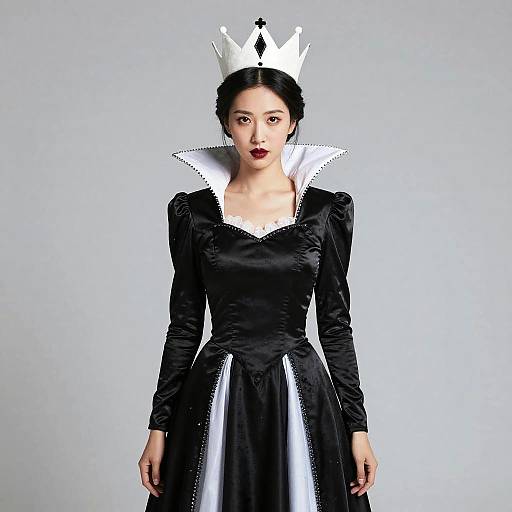 Woman in Black and White Evil Queen Costume with Crown