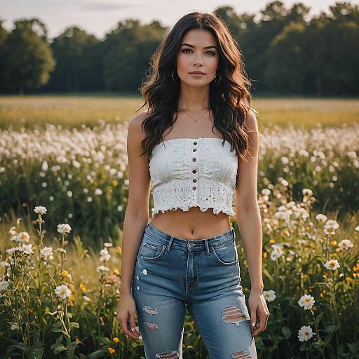 Young Woman in White Cropped Top and Ripped Jeans in Sunlit Wildflower Field