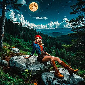 Woman in Red Beret Relaxing in Forest Under Full Moon
