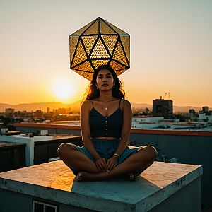 Woman on Rooftop at Sunset with Lantern