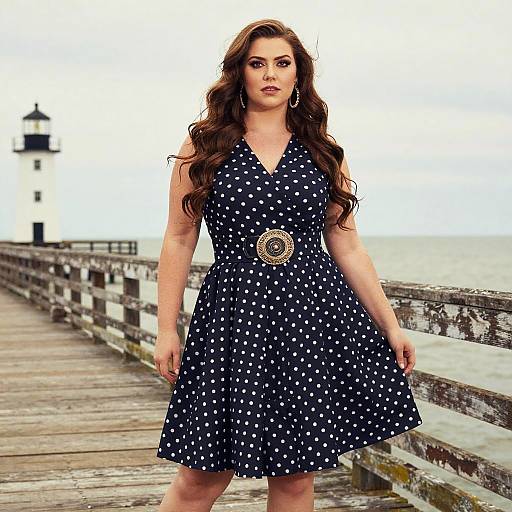 Woman in Polka Dot Dress on Pier with Lighthouse Background