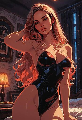 Stylish Digital Artwork of Woman in Black Bodysuit in Vintage Bedroom