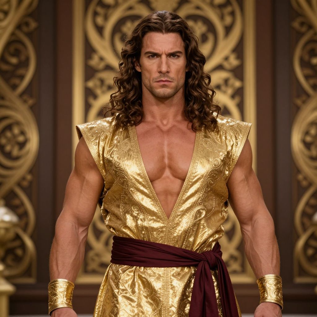 Regal Muscular Man in Ornate Golden Mythological Outfit