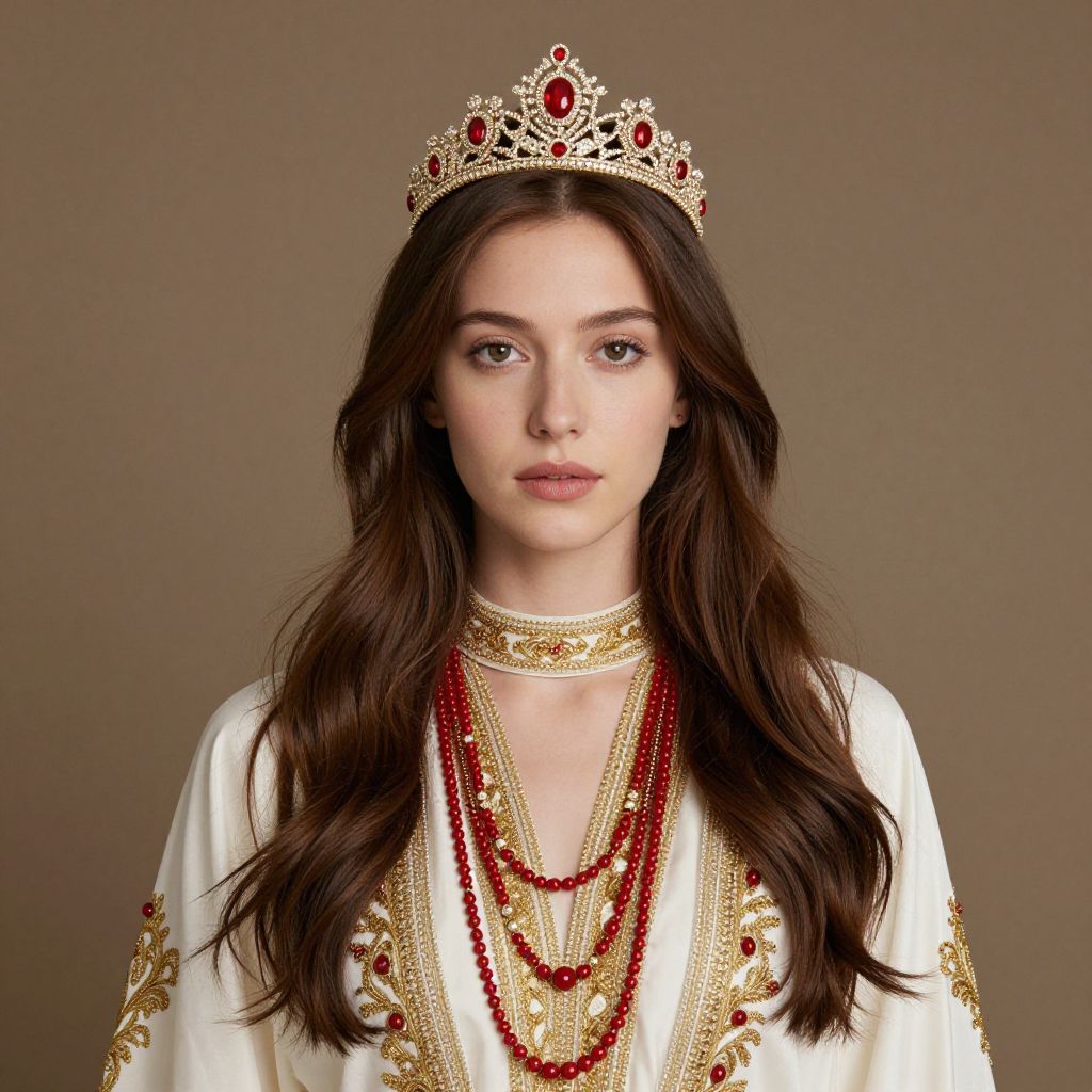 Young Woman Wearing Ornate Golden Crown and Embroidered White Garment