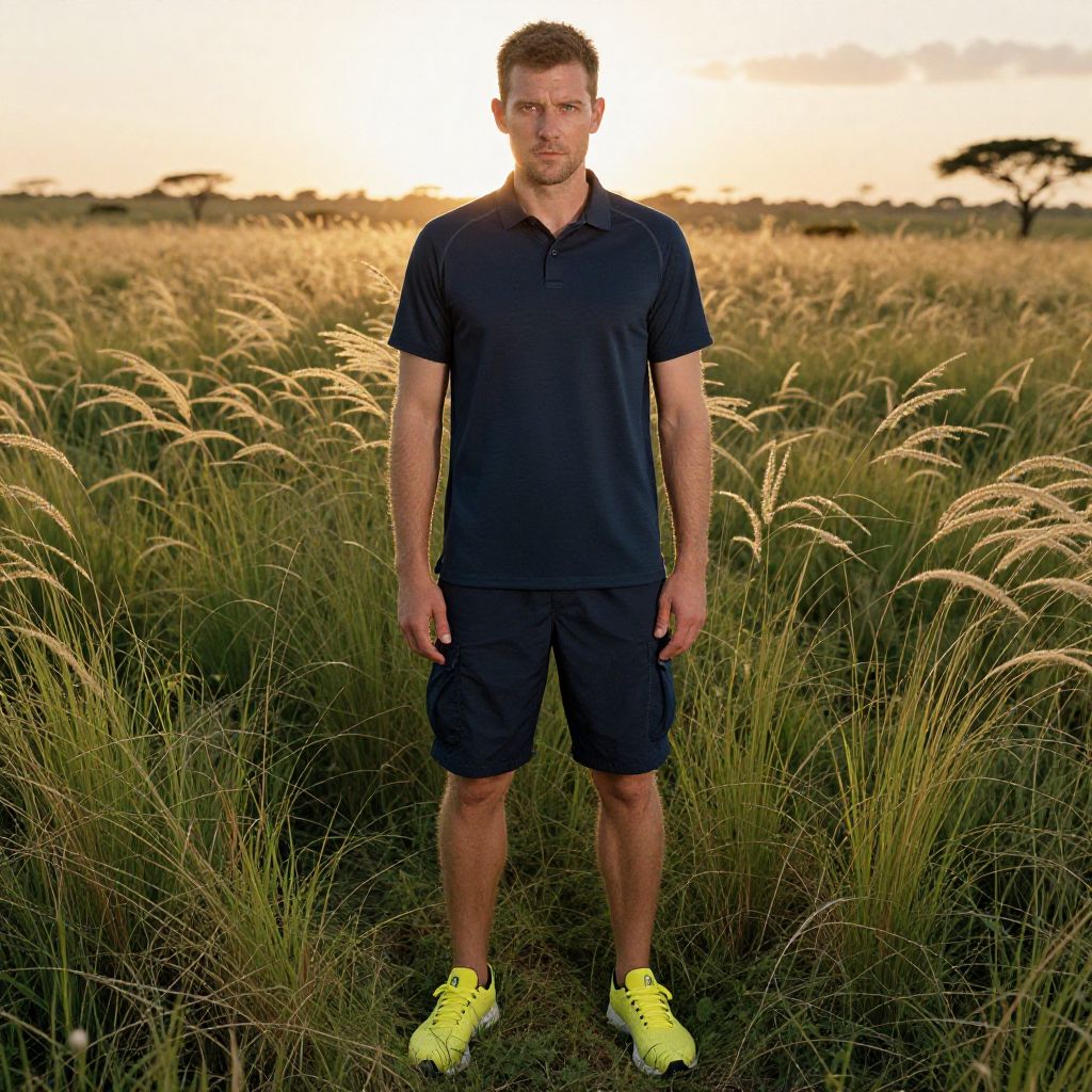Man Standing in Grassy Field Wearing Navy Polo and Yellow Sneakers