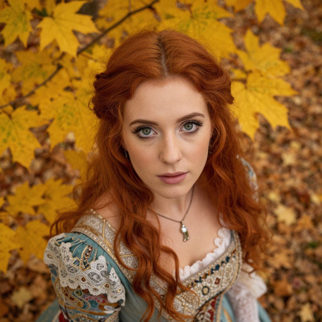 Renaissance Style Woman in Ornate Dress Among Autumn Leaves