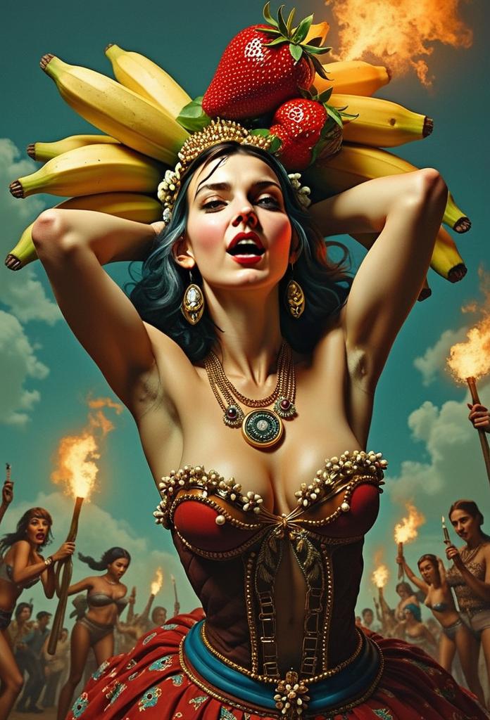 Carnival Woman with Banana and Strawberry Headdress in Festive Costume
