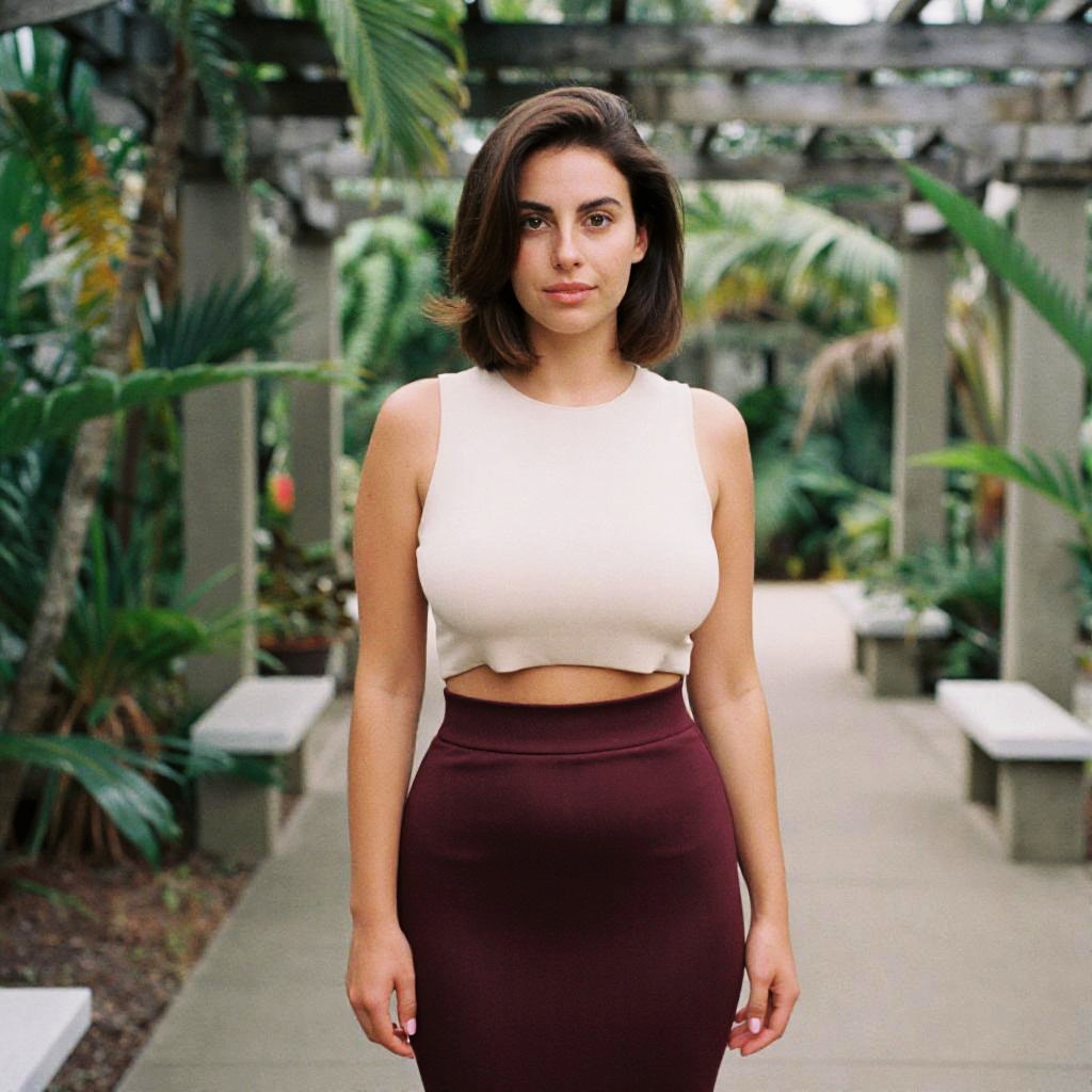 Svelte Woman in Minimalist Cream Crop Top and Knee-Length Maroon Skirt