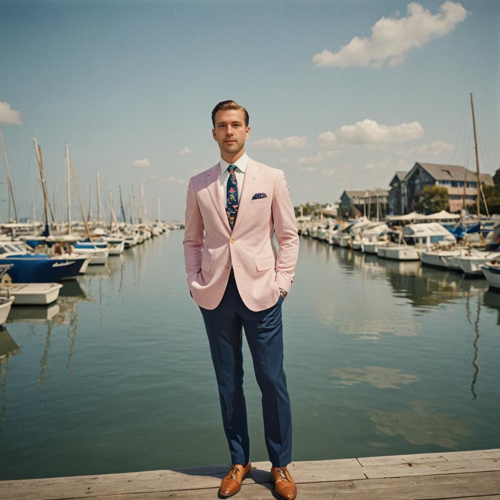 Stylish Man at Marina in Pink Suit