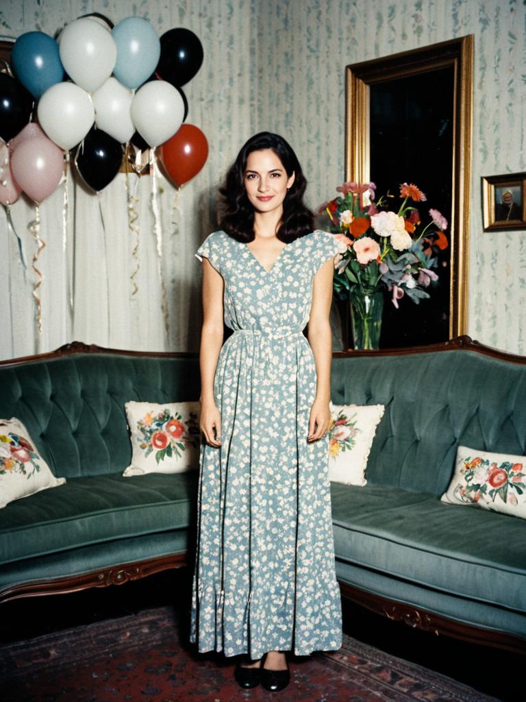 Woman in Vintage Floral Dress Standing in Retro Living Room with Balloons