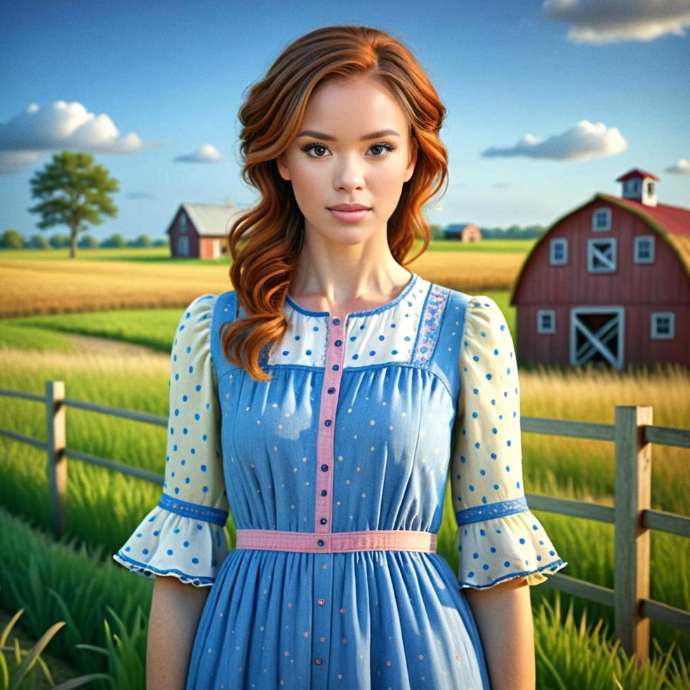 Confident Woman in Countryside with Polka Dot Dress