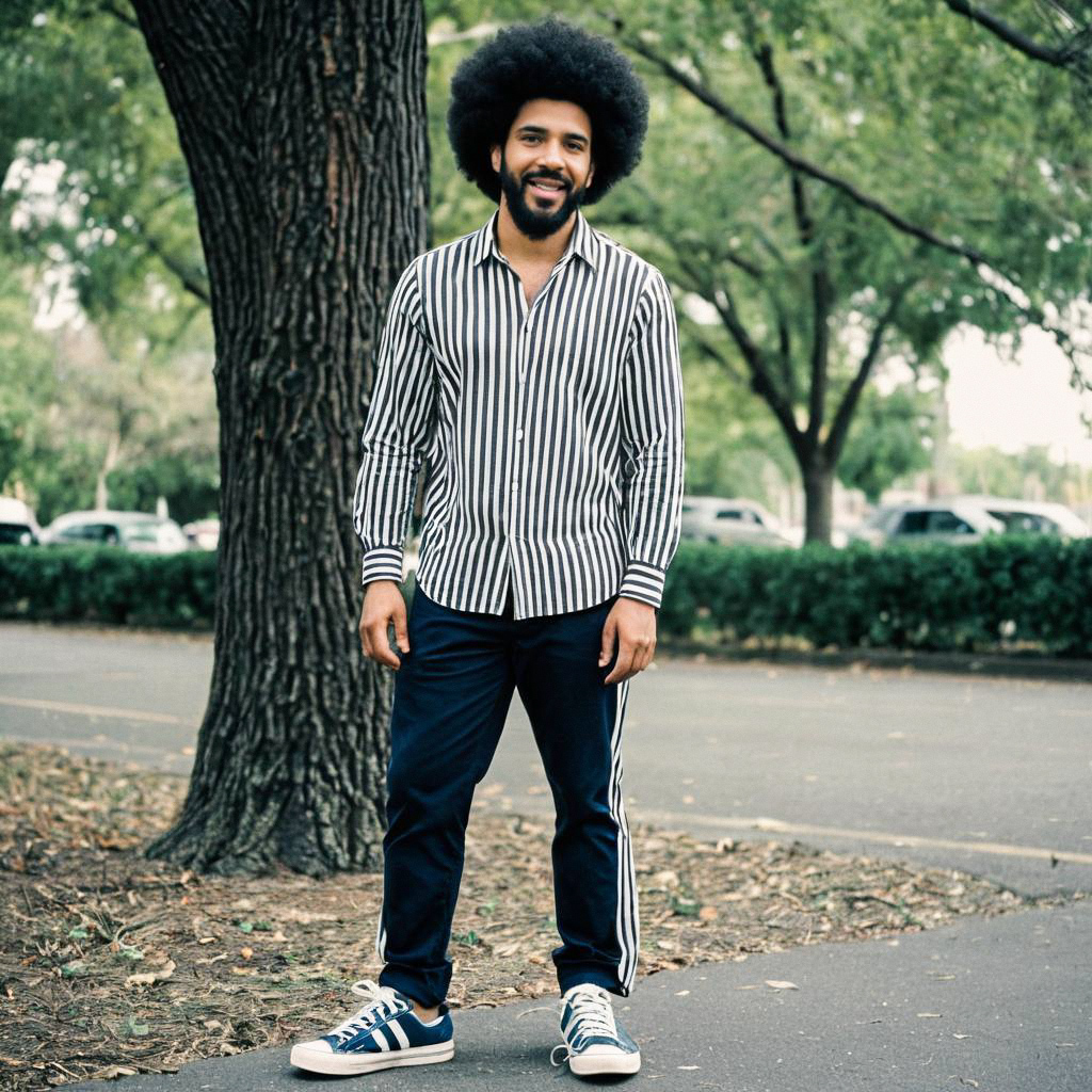 Man with Afro Outdoors in Striped Shirt