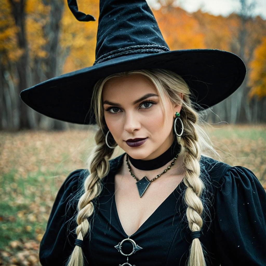 Stylish witch in autumn foliage
