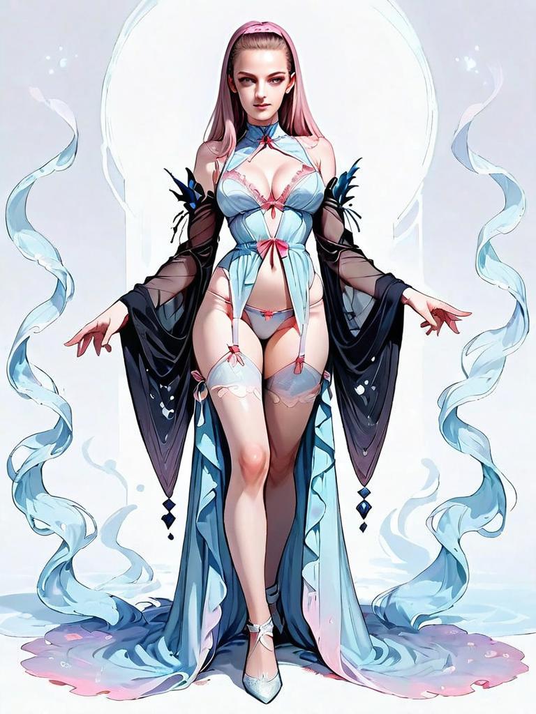 Full-Body Illustration of Woman in Light Blue Lingerie with Dark Fantasy Style
