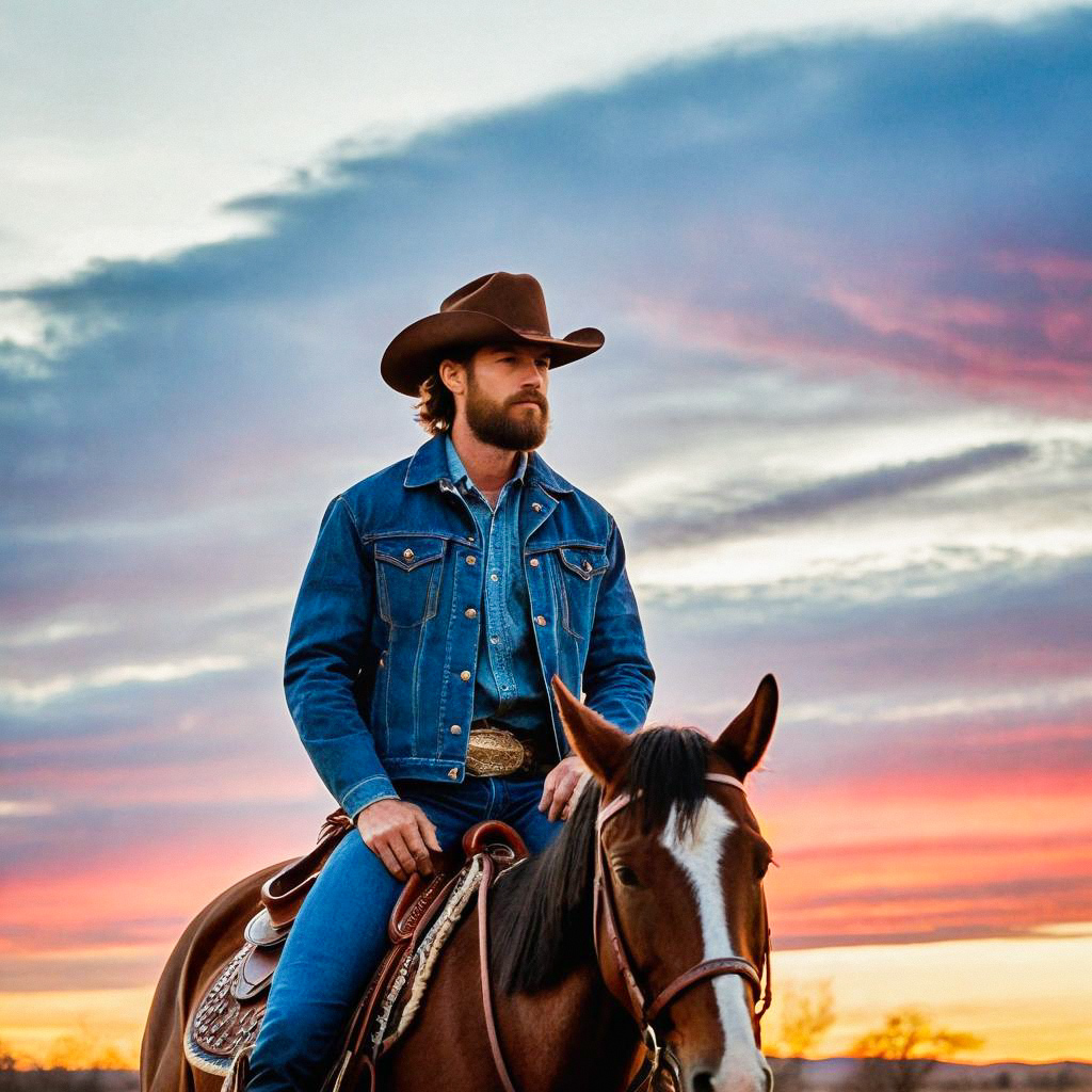 Bearded man on brown horse at sunset Bearded man on brown horse at sunset