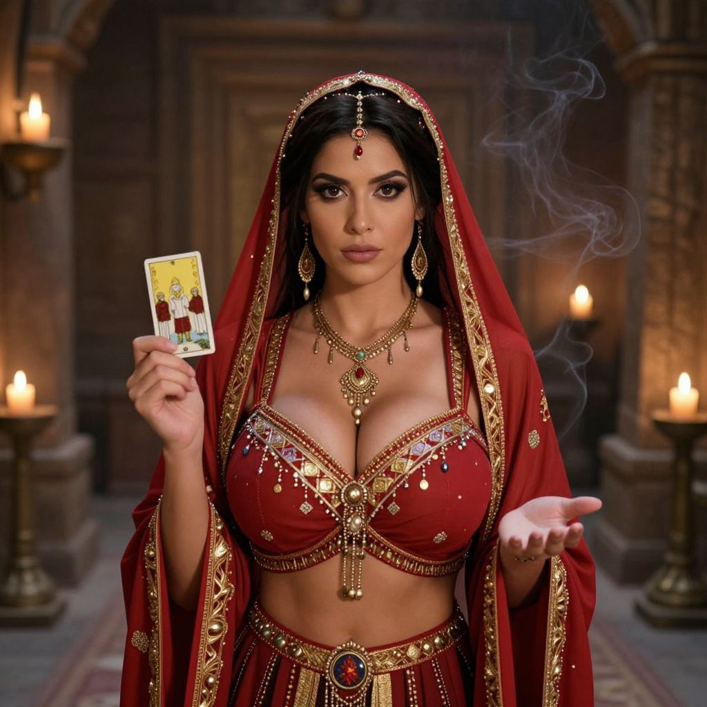 Mystical Woman in Red Traditional Costume Holding Tarot Card with Candles and Smoke