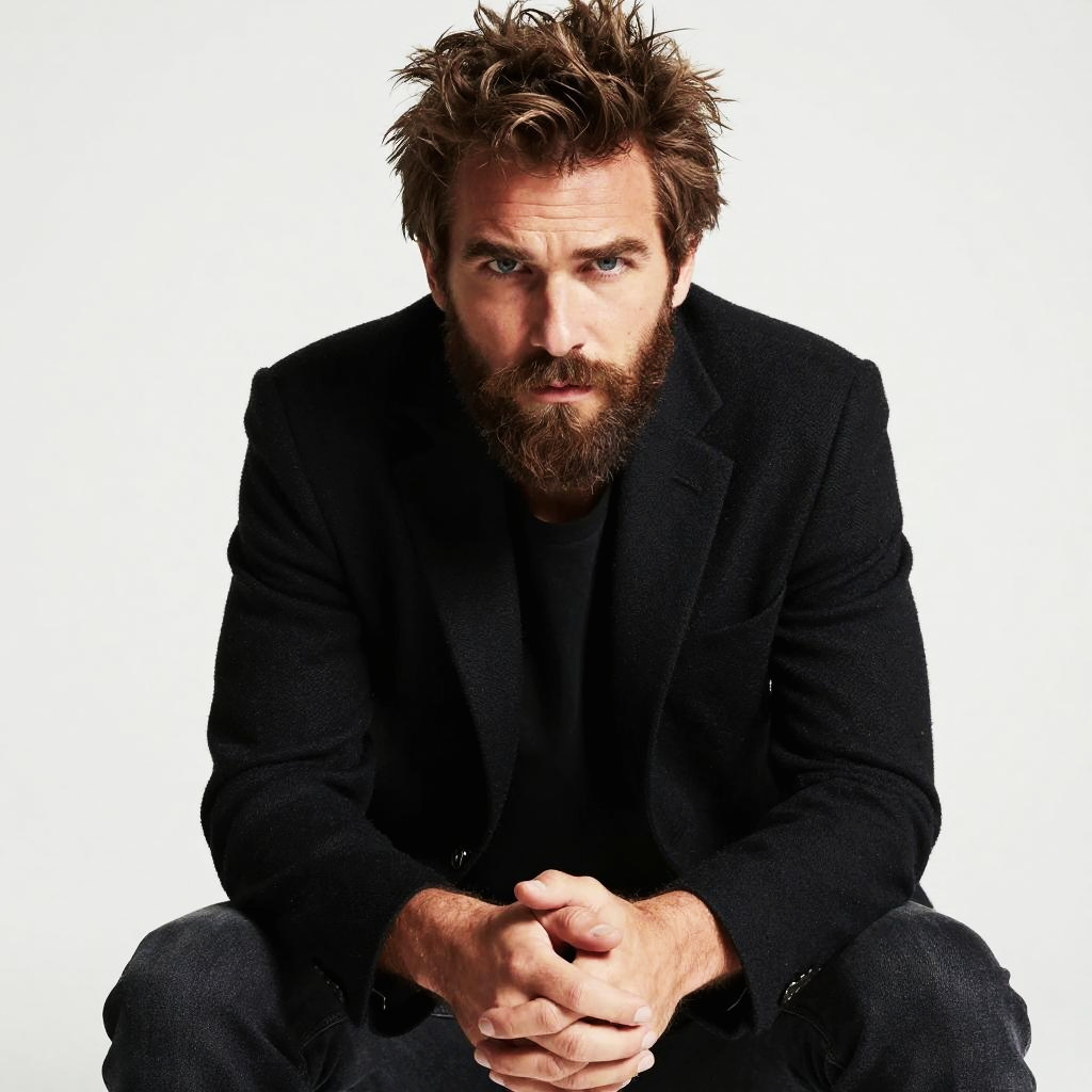 Bearded Man in Black Blazer With Intense Gaze Sitting Pose