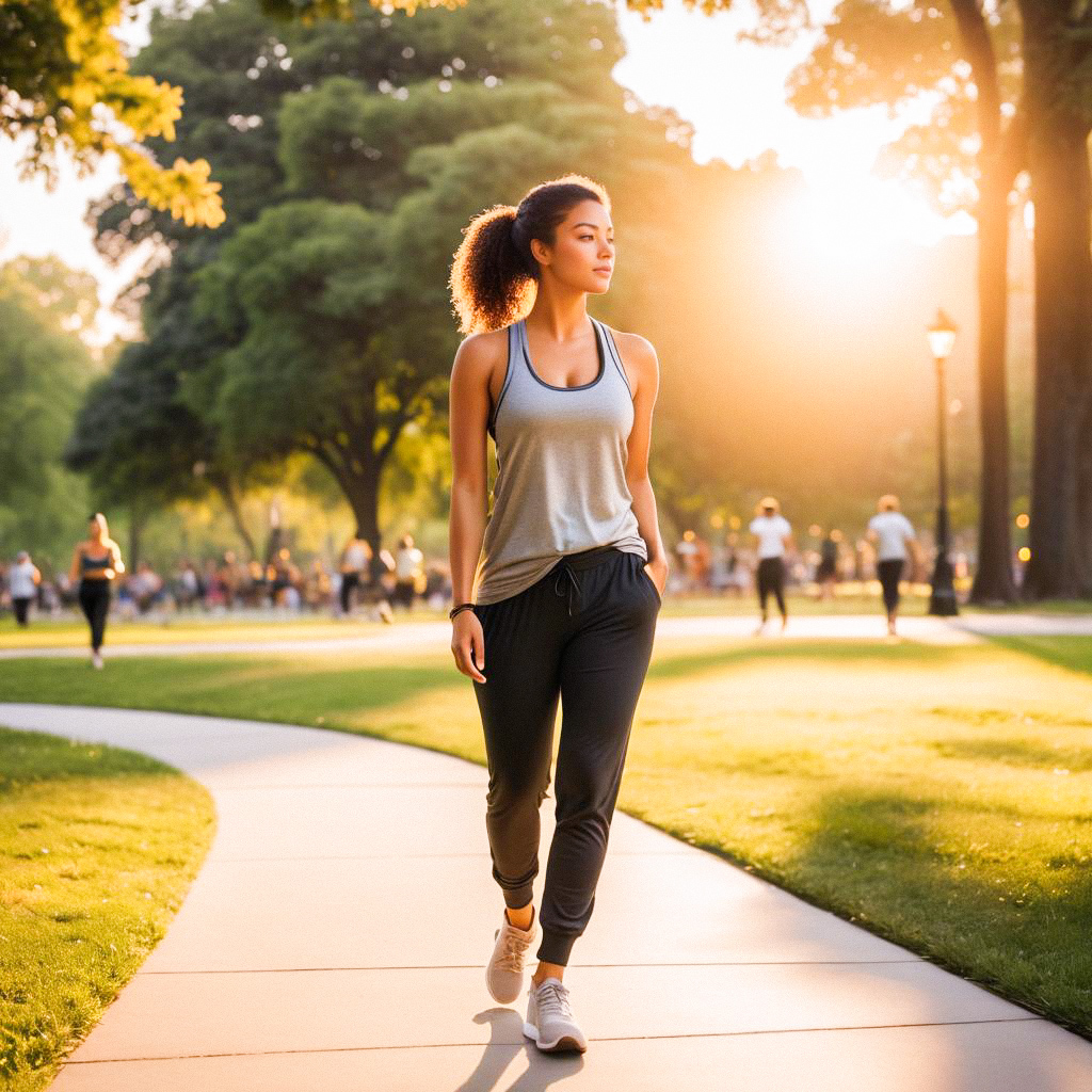 Woman Walking in Sunlit Park