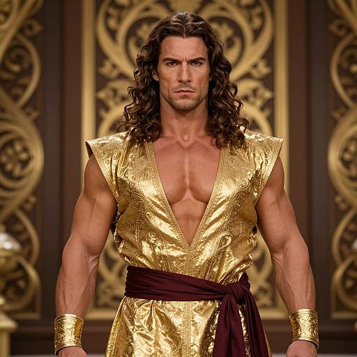 Regal Muscular Man in Ornate Golden Mythological Outfit