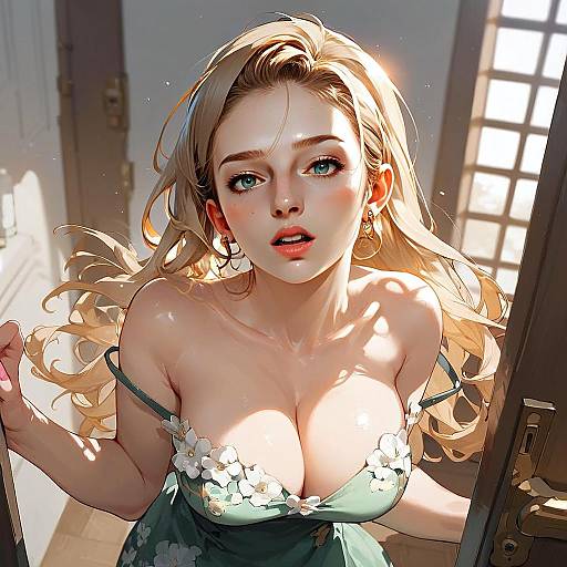 Anime Style Blonde Woman in Floral Green Dress Digital Illustration