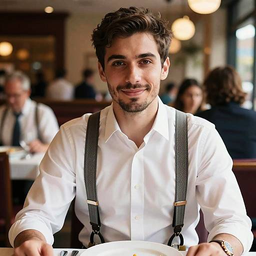 Man in White Shirt with Suspenders Dining in Cozy Restaurant