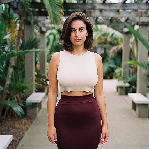 Svelte Woman in Minimalist Cream Crop Top and Knee-Length Maroon Skirt