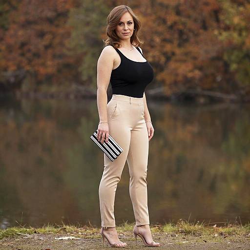 Curvy Woman in Chic Black Tank Top and Fitted Beige Trousers Standing Outdoors