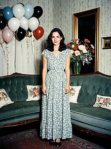 Woman in Vintage Floral Dress Standing in Retro Living Room with Balloons