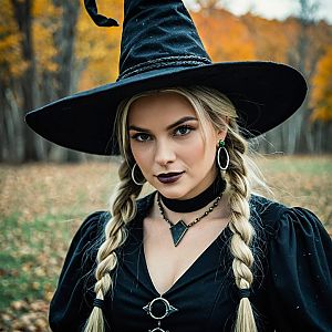 Stylish witch in autumn foliage