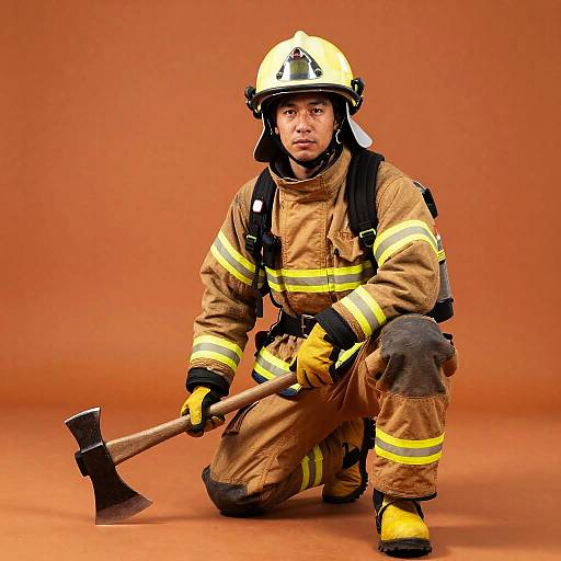 Male Firefighter in Full Gear Holding Axe on Brown Background
