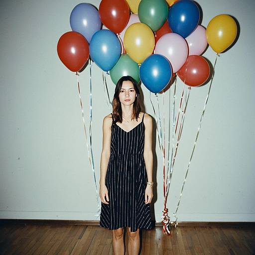 Woman in Birthday Slip Dress Standing with Colorful Balloons