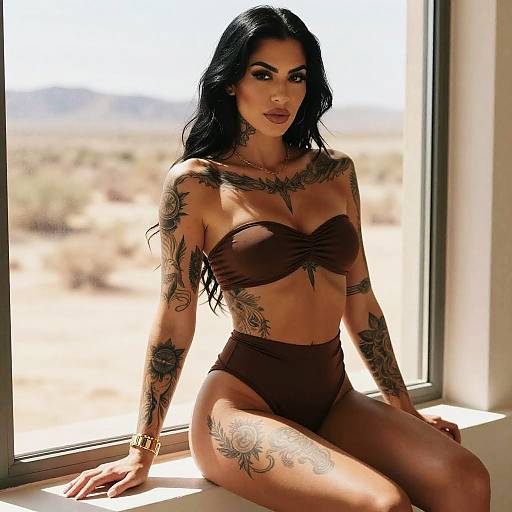 Tattooed Woman in Brown Bandeau Bikini by Desert Window