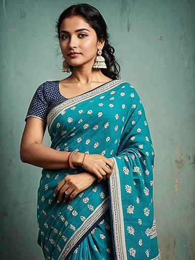Woman in Teal Blue Malmal Cotton Saree Photorealistic Studio Portrait